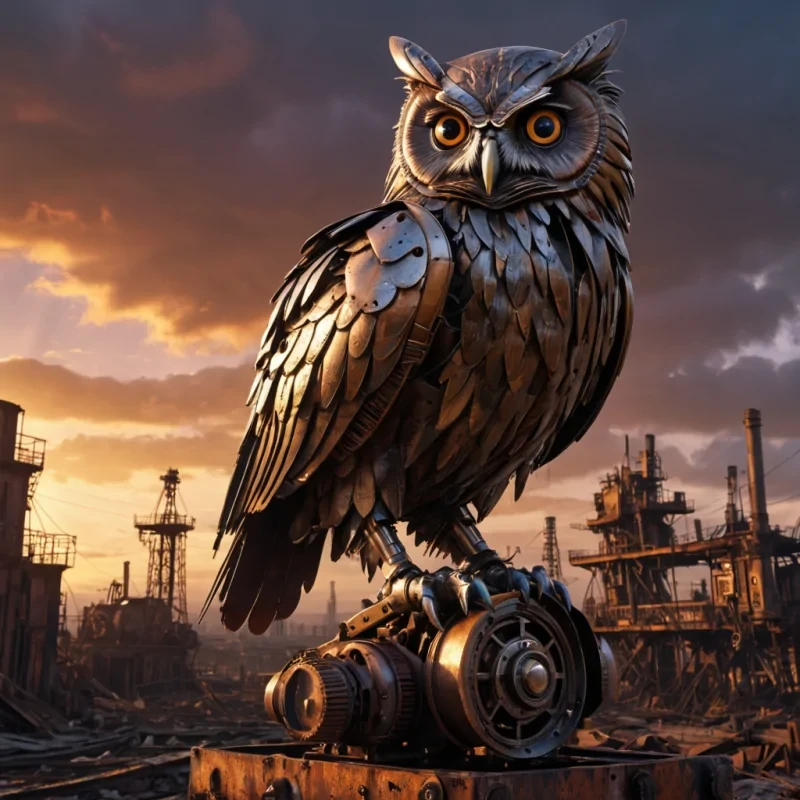 A hyperrealistic, 4K portrait of a melancholic, mechanical owl perched on the rusted remains of a oncegreat, nowabandoned steampunk airship, with cinematic lighting casting dramatic shadows on its metallic feathers, and a vibrant, stormy sunset illuminating the desolate, industrial landscape.