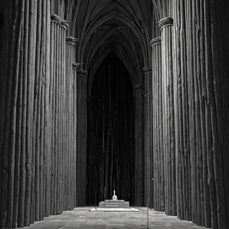 A single, selfresonating cluster of reversed silence, shaped like a 12,001dimensional void of unformed quiet and inverted stillness, drifts through a vast, inverted cathedral of solidified sound  each pillar carved from the exact moment between a note being played and its refusal to resonate, a whisper forming and dissolving into nonacoustic emptiness, a heartbeat echoing and collapsing into pure, unmeasured hush. The void does not contain silence  it uncontains it, each shimmering edge shedding a layer of auditory potential that never coalesced into perceptible vibration, reforming into ephemeral, moonlightthreaded afterimages shaped like the negative space between two ears that never listened to a world that