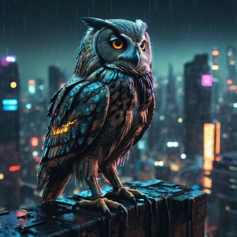 A lone, cybernetic owl perched on a decaying skyscrapers edge, overlooking a rainsoaked, neondrenched cyberpunk city at night, hyperrealistic, 4K, cinematic lighting, atmospheric effects, dynamic lighting, bokeh effect, vibrant colors, detailed textures.