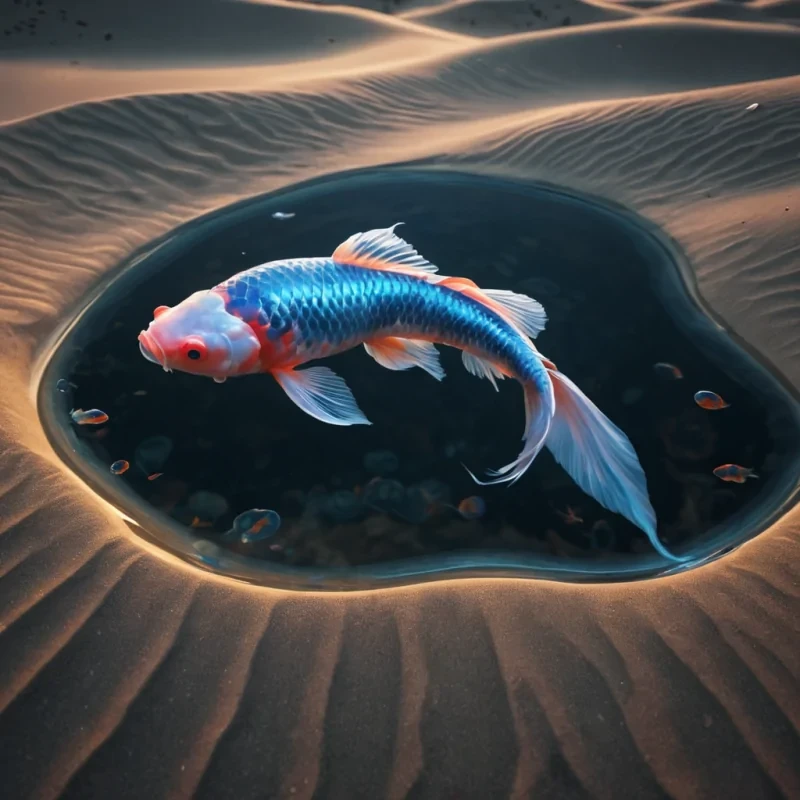 A hyperrealistic, 4K portrait of a sentient, levitating, neonlit holographic koi fish, its ethereal form pulsating with intricate, bioluminescent fractal patterns, set against a surreal, monochromatic landscape of undulating, shadowy dunes, with volumetric lighting casting dramatic shadows and emphasizing the kois dynamic, fluid movements, and a subtle, cool bokeh effect creating a sense of isolation and mystery.