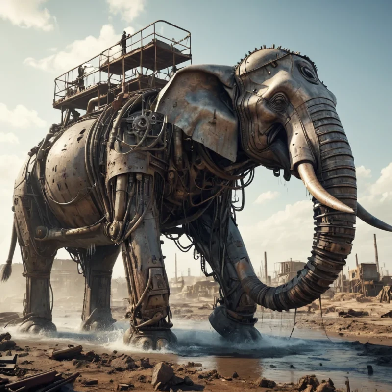 A colossal, mechanical elephant roaming through a postapocalyptic wasteland, its trunk transforming into a powerful water jet that revitalizes the arid landscape, hyperrealistic, Ultra HD, cinematic lighting, volumetric lighting, atmospheric effects, dynamic lighting, bokeh effect, vibrant colors, detailed textures.