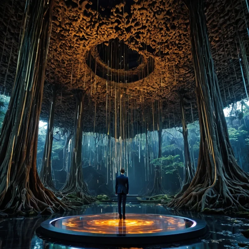 A horizontal, eyelevel extreme wide shot of a colossal, subterranean concert hall carved directly into the root system of a singular, planetsized ancient banyan tree, where the thick, gnarled roots form natural archways and amphitheater tiers draped in velvet moss. The architecture is fused with sleek, chromeplated acoustic dampeners and holographic soundwaves that manifest as visible, rippling ribbons of indigo and gold light, vibrating in the humid, dim air. In the foreground, a sonic architect with skin resembling polished obsidian and wearing a tailored suit of iridescent, scalelike fabric stands on a floating platform of suspended amber resin, conducting the ambient noise with a pair of slender, glowing batons that emit