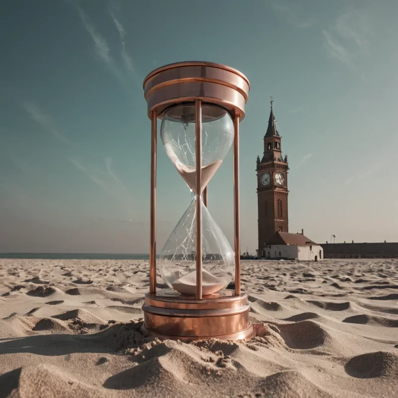 A single, selfoscillating filament of reversed time pulses through the core of a floating, inverted clocktower constructed entirely from the thermal afterimage of a thousand unkept promises that never aged in the hands of a world that never learned to wait. The filament does not tickit unticks, each pulse dissolving a moment of anticipation into its original stillness, releasing a wave of negative chronology that fractures the fabric of patience into a drifting mist of rosegold, geometric hourglasses, each one etched with the chromatic residue of a deadline that never passed through the glass of a sand that never ran. The clocktowers hands are not rotatingthey spiral backward like the memory of a future that never arrived, each gear a