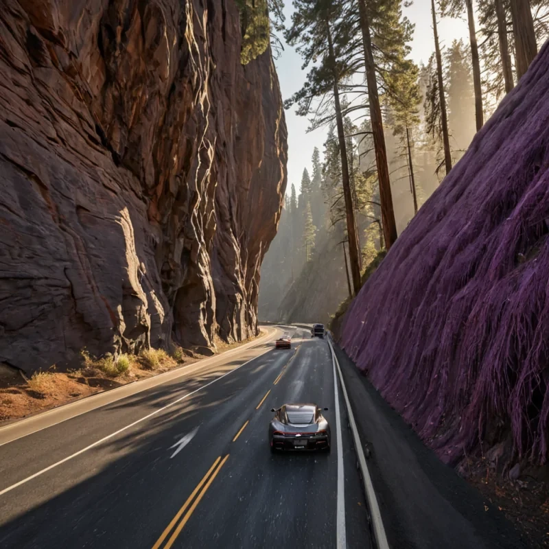A hyperrealistic, wideangle aerial shot of a colossal, spiraling highway carved directly into the side of a sheer, vertical cliff face made of translucent, honeycolored amber. The road surface is composed of smooth, polished obsidian tiles that reflect the warm, golden light emanating from the cliffs interior, where frozen prehistoric creatures are suspended like gemstones. Vehicles resembling sleek, aerodynamic silver teardrops with no visible wheels glide silently along the track, connected by faint, pulsating beams of violet energy. In the foreground, a massive, ancient redwood tree with bark textured like cracked leather grows perpendicular to the cliff, its branches weaving through the air and partially obscuring the lower curves of the highway. The background features a vast