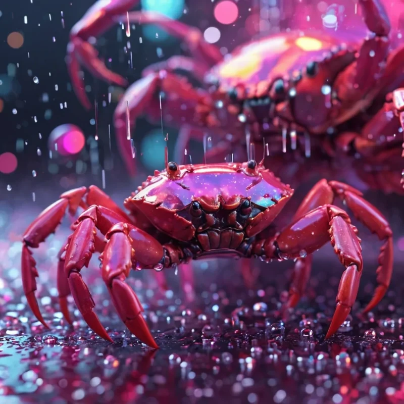 Hyperrealistic neon crabs with reflective metallic claws scuttling in a cubic ruby chamber filled with prismatic quantum rain, holographic droplets crystallizing in volumetric lighting, bokeh effect, pastel tones, 4K