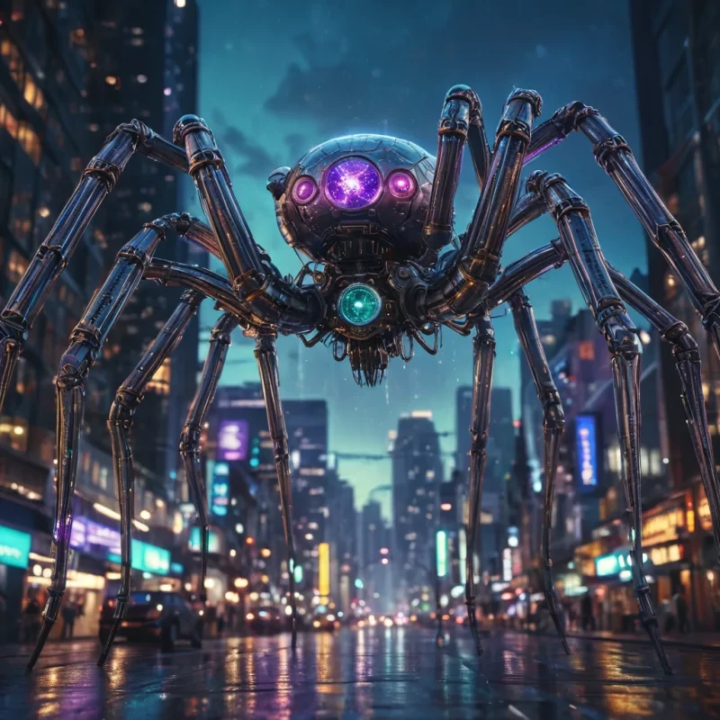 A colossal, mechanical spider descends from the sky, its iridescent legs glistening under a neonlit cityscape at night, hyperrealistic, 8K, cinematic lighting, volumetric lighting, atmospheric effects, dynamic lighting, bokeh effect, soft focus, lens flare, futuristic tones, detailed textures.