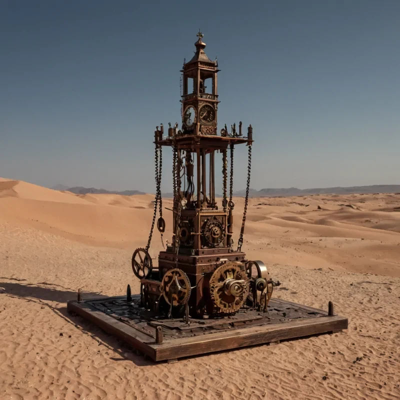 A horizontal, eyelevel wideangle shot of a vast, arid desert landscape where the sand dunes are composed of fine, metallic copper powder that shimmers with a warm, oxidized patina under the harsh, direct sunlight of a binary star system. In the center, a massive, ancient clocktower mechanism stands exposed, constructed from interlocking gears of polished brass, bronze, and rusted iron, with no enclosing walls, allowing the wind to pass through its intricate inner workings. In the foreground, a horologist with skin the color of sunbaked clay and wearing a tunic of coarse, ochrecolored wool draped with leather straps and hanging gearshaped pendants stands on a wooden platform. They are using a long, telescoping