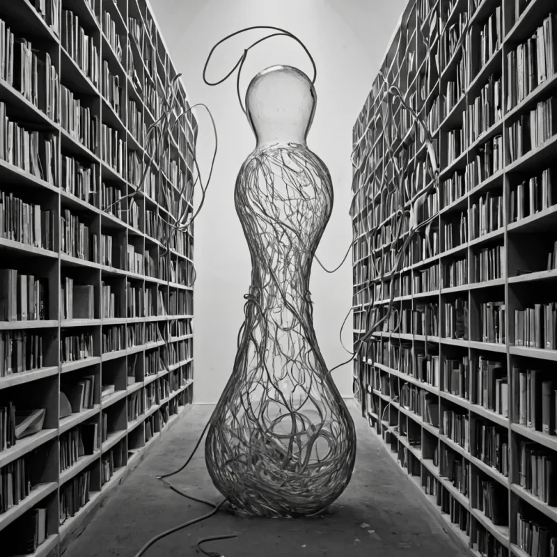 A single, selfsynthesizing filament of reversed potential, shaped like a 9,173dimensional Klein bottle of unformed possibility and inverted causality, drifts through a vast, inverted archive of solidified choiceeach shelf carved from the exact moment between a decision being made and its refusal to be acted upon, a path branching and dissolving into nonsequential mist, a hand reaching and collapsing into pure, unmeasured neutrality. The filament does not chooseit unchooses, each spiraling loop shedding a layer of agency that never coalesced into consequence, reforming into ephemeral, topazthreaded afterimages shaped like the negative space between two feet that never stepped onto diverging roads. The air hum