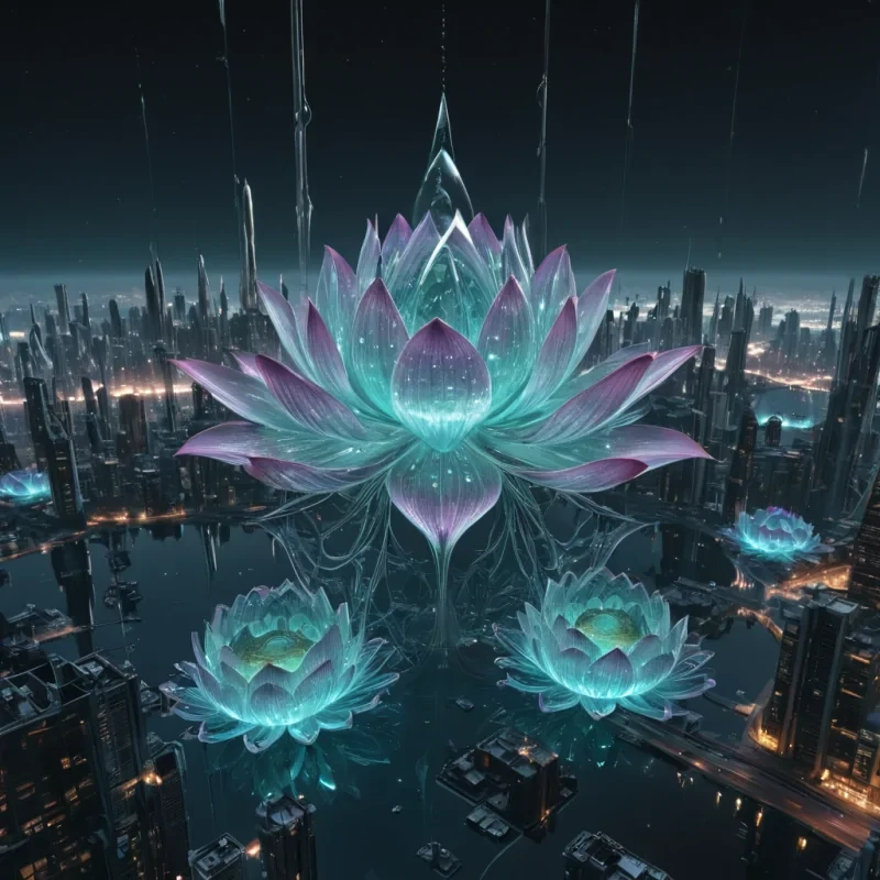 Photorealistic, colossal, entwined, glassine, gravitydefying, lotus metropolis, its hyperrealistic, 4K, fractal, dewdropkissed structures unfurling ultra HD, zero gravity, aeroponic ecosystems. Volumetric lighting from unseen, pulsating, bioluminescent hearts etches the citys ethereal, labyrinthine architecture, casting intricate, dynamic, iridescent shadows on the inverted, reflective void. Cinematic lighting bathes the scene in vibrant, nebular hues, with lens flare emphasizing the citys central, radiant, throbbing, quartz heart, pulsating with captive, alien, geothermal energy.