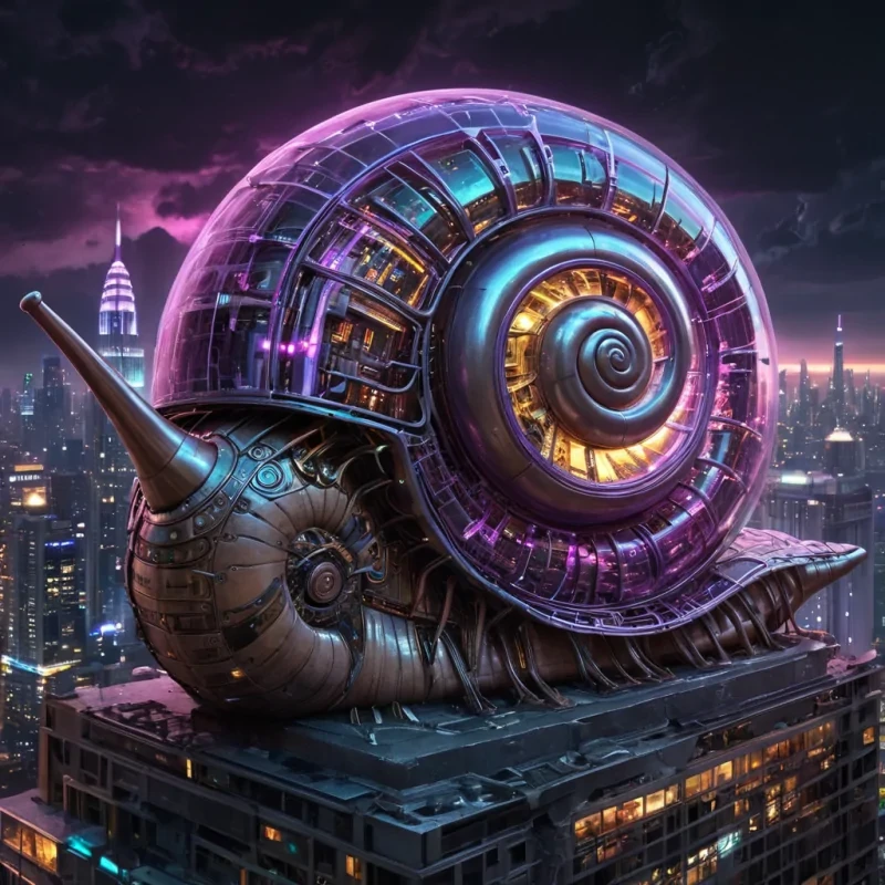 A colossal, ancient, mechanical snail, its metallic shell adorned with intricate, pulsating neon circuits, inches through a stormy, amethyst nebula. Within its transparent, bioluminescent body, a labyrinthine, neonlit cityscape sprawls, its towering, glass spires casting ephemeral shadows on the citys sentient, robotic inhabitants. Rendered in ultra HD, with dynamic lighting, atmospheric effects, and vibrant colors, evoking a sense of surreal, otherworldly wonder at this celestial, mechanical marvel.
