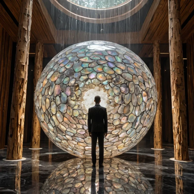 A hyperrealistic, eyelevel medium shot of a solitary figure wearing a suit of woven, iridescent abalone shell plating, standing inside a vast, cylindrical atrium constructed from stacked, translucent sheets of pressed birch bark. The figure holds a glowing, spherical orb of liquid nitrogen that emits a dense, swirling fog of white vapor, which interacts with the warm, amber interior lighting to create volumetric beams of soft, directional light. Surrounding the figure are floating, geometric fragments of polished hematite that orbit in a slow, silent dance, their dark, metallic surfaces reflecting the intricate wood grain of the atrium walls. The floor is a seamless expanse of matte charcoal stone, contrasting with the vibrant, pearlescent sheen