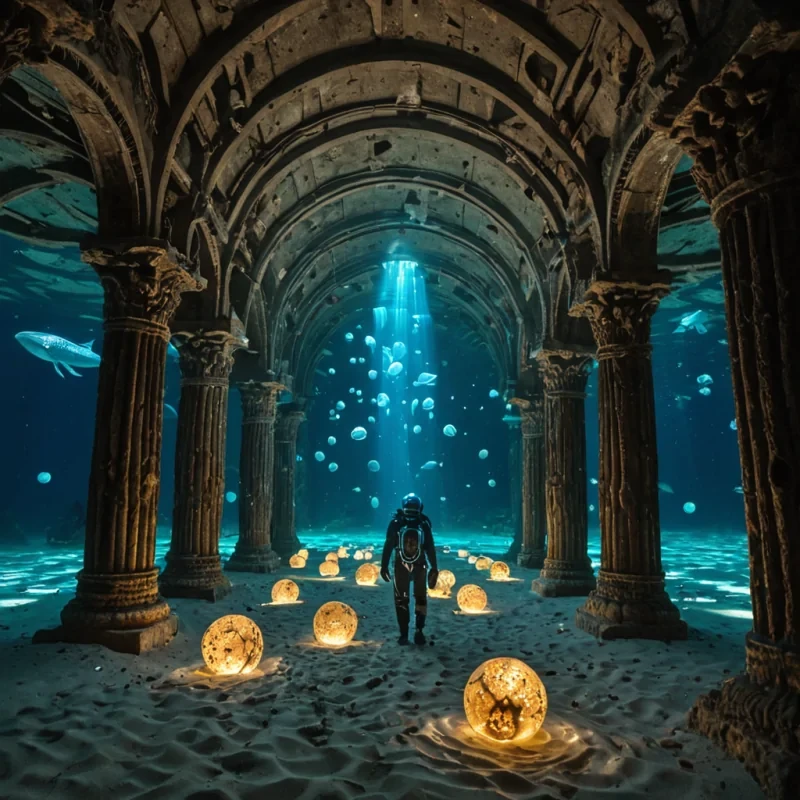 A cinematic, wideangle shot of a submerged, futuristic bazaar built entirely within the hollowedout shell of a colossal, ancient whale skeleton resting on a sandy ocean floor. The ribs of the skeleton form arched corridors lined with stalls made of recycled glass and polished coral, illuminated by the soft, blue bioluminescence of thousands of floating, jellyfishlike lanterns. In the center aisle, a figure wearing a sleek, translucent diving suit adorned with intricate, golden circuitry patterns walks slowly, holding a basket filled with glowing, spherical orbs of captured moonlight. The water is crystal clear, filled with suspended particles of silver dust that catch the ambient light, creating a serene, dreamlike atmosphere with a shallow depth of field focusing on the