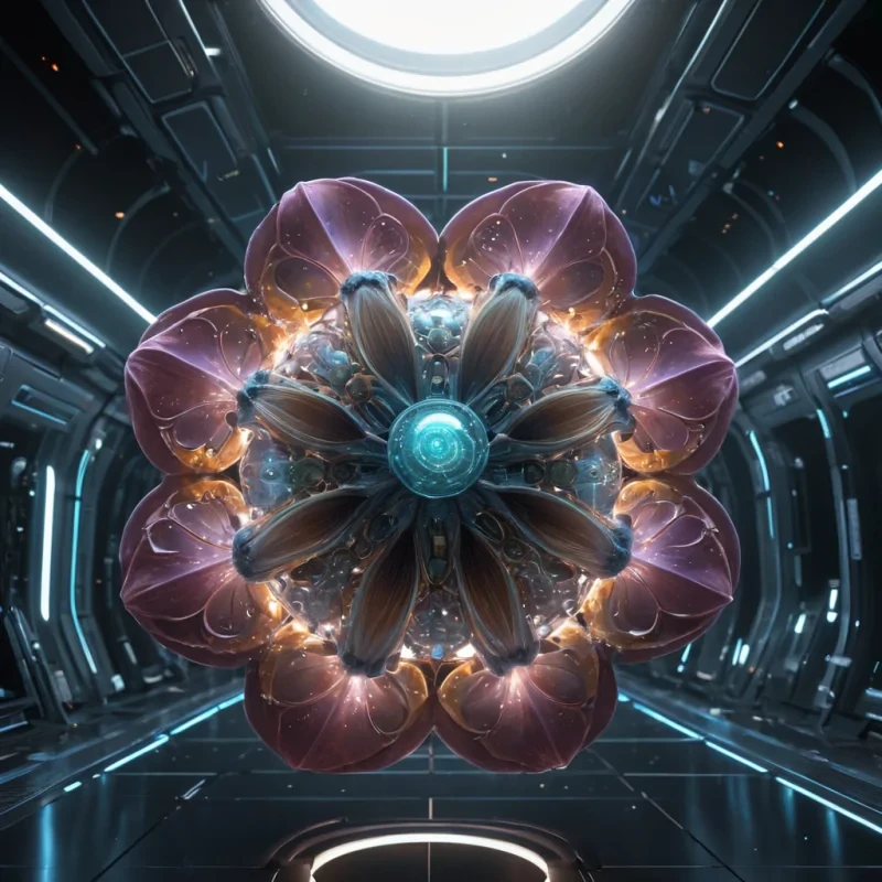 Photorealistic, colossal, opalescent, lotus pod space station, its hyperrealistic, 4K, metallic petals unfurling ultra HD, bioluminescent, zerogravity ecosystems. Volumetric lighting from unseen, pulsating, extraterrestrial hearts etches the stations ethereal, geometric architecture, casting intricate, dynamic, neon shadows on the inverted, reflective void. Cinematic lighting bathes the scene in vibrant, extraterrestrial hues, with lens flare emphasizing the stations central, radiant, throbbing, opalescent heart, pulsating with captive, alien energy.