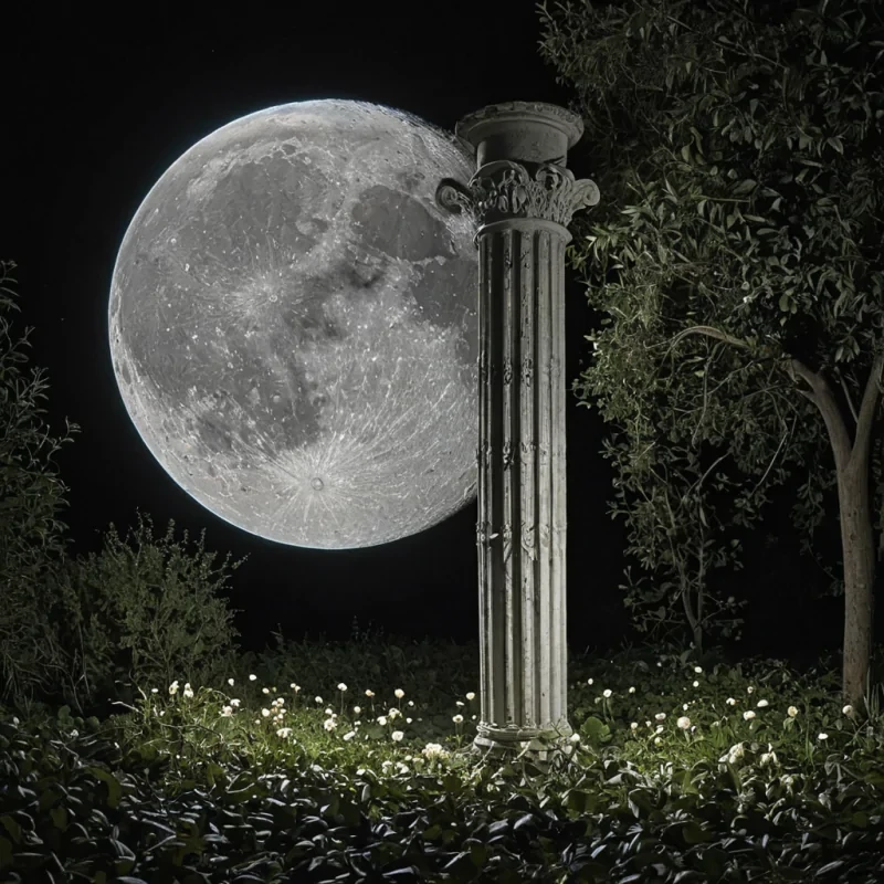 A single, selfreflecting column of solidified moonlight, shaped like a vertical, crystalline fractal of reversed lunar orbit, pulses at the center of a vast, suspended garden grown from the compressed, unobserved dreams of a civilization that communicated through the duration of synchronized, silent sleeping. The column does not illuminateit unshines, each facet dissolving a layer of light that never coalesced into a visible moon, reforming into ephemeral, silvertinted shadows shaped like the negative space between two breaths that never synchronized in the same moment of mutual dreaming. The garden is not botanicalit is a layered expanse of petrified slumber, each petal etched with the somnolent residue