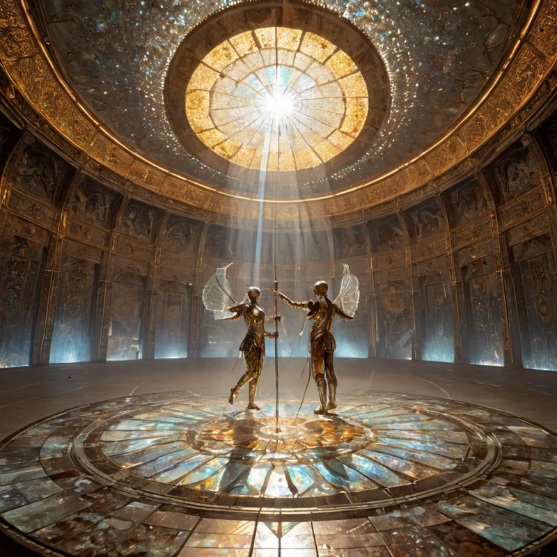 A hyperdetailed, eyelevel perspective of a silent, indoor gladiatorial arena constructed entirely from polished, translucent sheets of amber and frosted glass, where the floor is a intricate mosaic of geometric patterns inlaid with glowing gold leaf. In the center, two elegant, humanoid figures clad in flowing, structural garments made of stiff, iridescent motherofpearl and thin silver filigree engage in a slow, dancelike combat using weighted, crystalline staffs that emit soft, prismatic halos. The lighting is warm and directional, filtering through the translucent walls to cast long, sharp, kaleidoscopic shadows that fracture and multiply across the smooth floor. The air is still, filled with suspended, microscopic dust mot