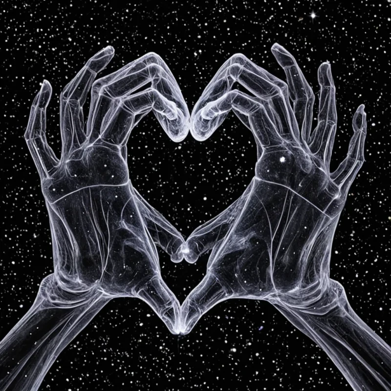 A single, selfreflecting filament of crystallized empathy, shaped like a 19dimensional helix of reversed compassion and unformed connection, drifts through the center of a vast, inverted constellation of petrified gestures  each star forged from the fossilized motion of a civilization that measured love not by words, but by the duration of synchronized, breathless handholds held just before the first touch was ever permitted to linger in a world where intimacy was forbidden. The filament does not glow  it unfeels, each spiral shedding a layer of emotional resonance that never coalesced into a shared embrace, reforming into ephemeral, rosequartzthreaded afterimages shaped like the negative space between two palms that never met in