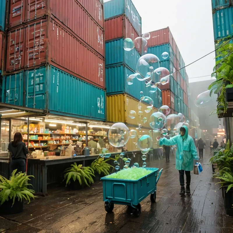 A wideangle, streetlevel perspective of a bustling, multitiered marketplace built entirely from massive, interlocking shipping containers painted in vibrant, glossy pastel hues of mint green, soft coral, and butter yellow. The containers are stacked at irregular, leaning angles, connected by zigzagging glass walkways and rusted metal ladders, creating a labyrinthine urban canyon. In the foreground, a vendor wearing a sleek, translucent vinyl raincoat in a gradient of electric blue stands behind a cart displaying large, floating spheres of iridescent soap bubbles that contain tiny, miniature ecosystems of moss and ferns. The air is filled with a thick, swirling mist infused with glowing, golden pollenlike particles that catch the warm, directional sunlight filtering through the narrow