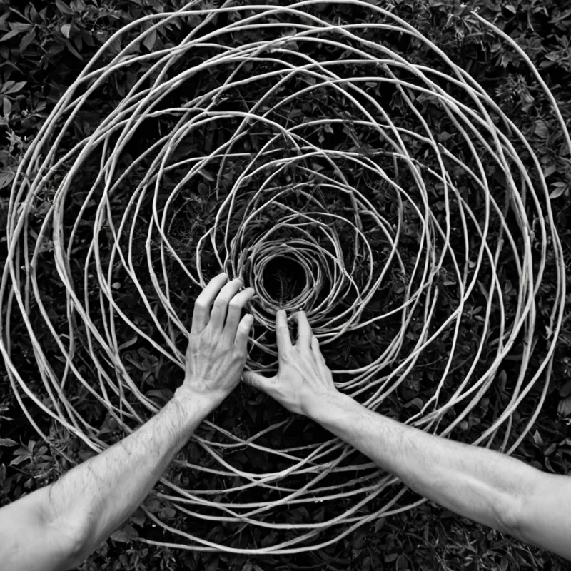 A single, selffragmenting filament of reversed empathy, shaped like a 47,203dimensional thread of unformed connection and inverted resonance, drifts through the core of a vast, inverted garden of solidified isolation. Each twist is spun from the exact moment between a hand reaching for another and its refusal to meet, a shared glance dissolving into nonrecognition, a smile forming on the lips and collapsing into pure, unmeasured nonintimacy. The thread does not transmit emotionit untransmits it, each shimmering strand shedding a layer of relational potential that never coalesced into trust, warmth, or the weight of being known. As it spirals through the gardens petrified vines, it
