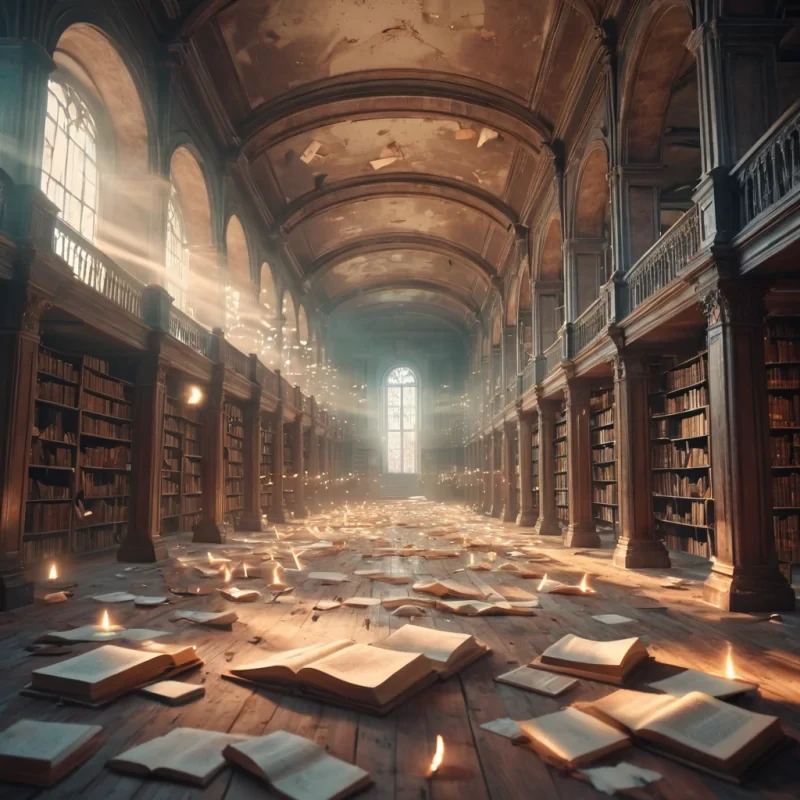 A vast, abandoned library filled with levitating, glowing manuscripts, each one emitting a soft, ethereal light, hyperrealistic, 4K, cinematic lighting, volumetric lighting, atmospheric effects, soft focus, pastel tones, detailed textures.