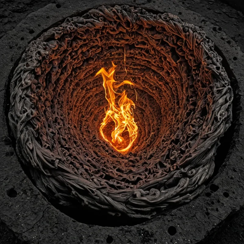 A single, selfigniting filament of solidified breath, shaped like a fractal, nonlinear cascade of reversed combustion, pulses at the center of a vast, suspended forge built from the compressed, unlit embers of a civilization that communicated through the duration of synchronized, silent kindling. The filament does not burnit unburns, each twist unraveling a layer of heat that never coalesced into flame, reforming into ephemeral, copperveined afterimages shaped like the negative space between two hands that never touched the same spark. The forge is not industrialit is a layered expanse of petrified ignition, each anvil etched with the thermal residue of a match that was almost struck, its bellows