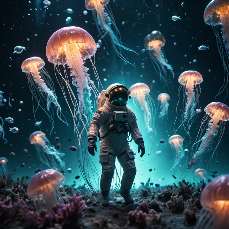 A lone astronaut drifting in the void, surrounded by a swarm of bioluminescent jellyfishlike creatures, hyperrealistic, 4K, cinematic lighting, volumetric lighting, atmospheric effects, dynamic lighting, bokeh effect, soft focus, lens flare, vibrant colors, detailed textures.