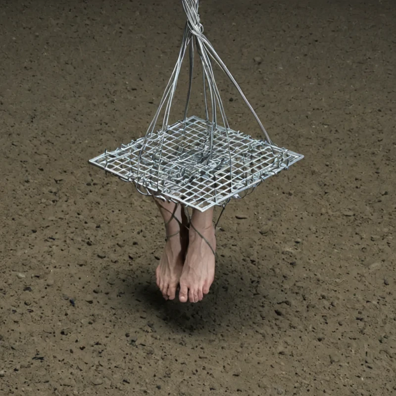 A single, selffragmenting filament of reversed gravity, shaped like a 13,429dimensional lattice of unformed weight and inverted pull, floats at the center of a vast, inverted well of solidified levitation. Each node is forged from the exact moment between a foot stepping forward and its refusal to descend, a stone released from a hand and dissolving into nonfall, a body suspended in air and collapsing into pure, unmeasured nonpressure. The lattice does not anchor massit unanchors it, each shimmering junction shedding a layer of gravitational potential that never coalesced into touch, resistance, or the weight of being grounded. As it rotates backward through the wells mirrored depths, it leaves behind trails of