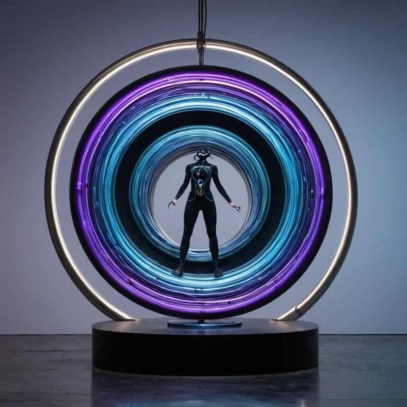 A horizontal, eyelevel medium shot of a suspended architectural installation where the structure resembles a massive, unspooled coil of iridescent fiberoptic cable in varying shades of electric violet and teal, twisting into a doublehelix spiral that floats in a vacuumsealed chamber. The background is a deep, matte black void punctuated only by faint, drifting motes of gold dust. In the center, a figure wearing a sleek, aerodynamic suit of brushed titanium with articulated joints stands balanced on a single, floating platform of polished obsidian. They are holding a complex, multilayered ring of rotating gyroscopes made from translucent crystal and brass, which emits a low, resonant hum visualized as concentric rings of soft blue light expanding