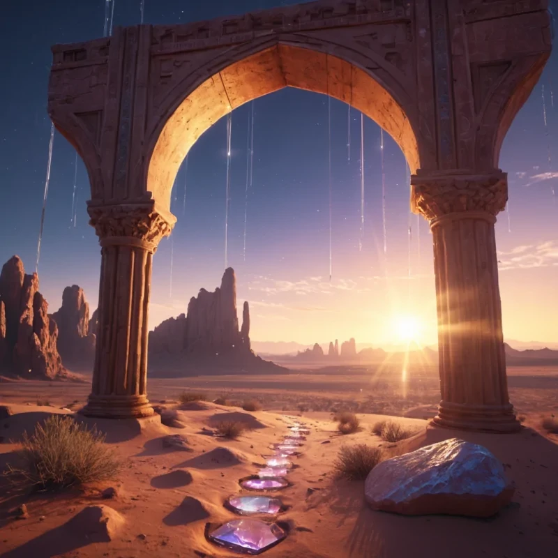 A levitating, crystalline archway suspended over a sprawling, desert metropolis at dusk, hyperrealistic, ultra HD, cinematic lighting, dynamic lighting, lens flare, vibrant colors, detailed textures.