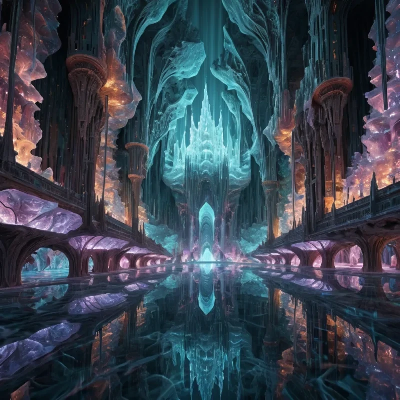 A hyperrealistic, 4K, ultra HD depiction of an opalescent, crystalline underground city, its geometric structures and undulating spires etched in intricate, fractal patterns. Volumetric lighting from a distant, pulsating, bioluminescent source bathes the scene in a mesmerizing symphony of vibrant, prismatic hues. Cinematic lighting accentuates the citys central, radiant, luminescent pool, its rippling, liquid surface casting ethereal reflections on the surrounding, geometric formations. Photorealistic, fractal, zerogravity water formations unfurl in a surreal dance, creating an otherworldly, aquatic ballet.