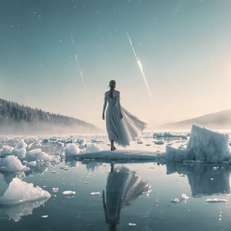 A lone, ethereal figure levitating above a vast, shimmering ice lake, surrounded by towering, frozen crystals, hyperrealistic, 4K, cinematic lighting, volumetric lighting, atmospheric effects, dynamic lighting, bokeh effect, soft focus, lens flare, pastel tones, detailed textures.