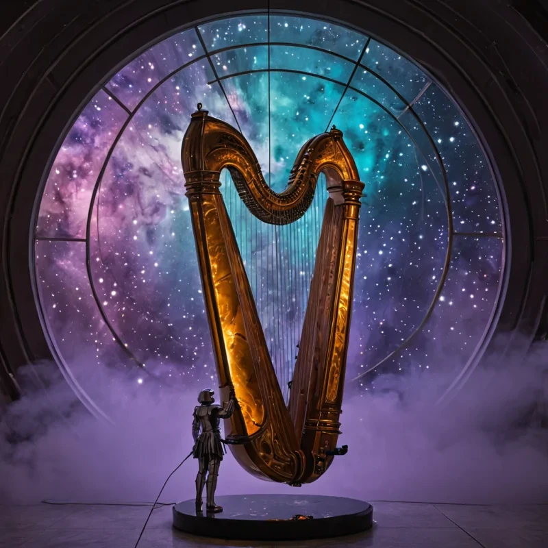 A vertical, lowangle extreme closeup of a colossal, suspended musical instrument resembling a harp made from translucent, amberhued resin and polished mahogany, floating in a vacuumseated chamber filled with slowmoving, heavy fog. The strings are not traditional wire but thick, glowing strands of liquid mercury that vibrate with visible harmonic waves, emitting a soft, warm golden light. In the immediate foreground, a figure wearing a highfashion outfit constructed from stiff, pleated white ceramic armor stands holding a bow made of dark, textured obsidian, drawing it across the mercury strings. The background features a vast, circular window looking out onto a nebula of swirling purple and teal cosmic dust, while the floor below is a highly reflective surface of polished