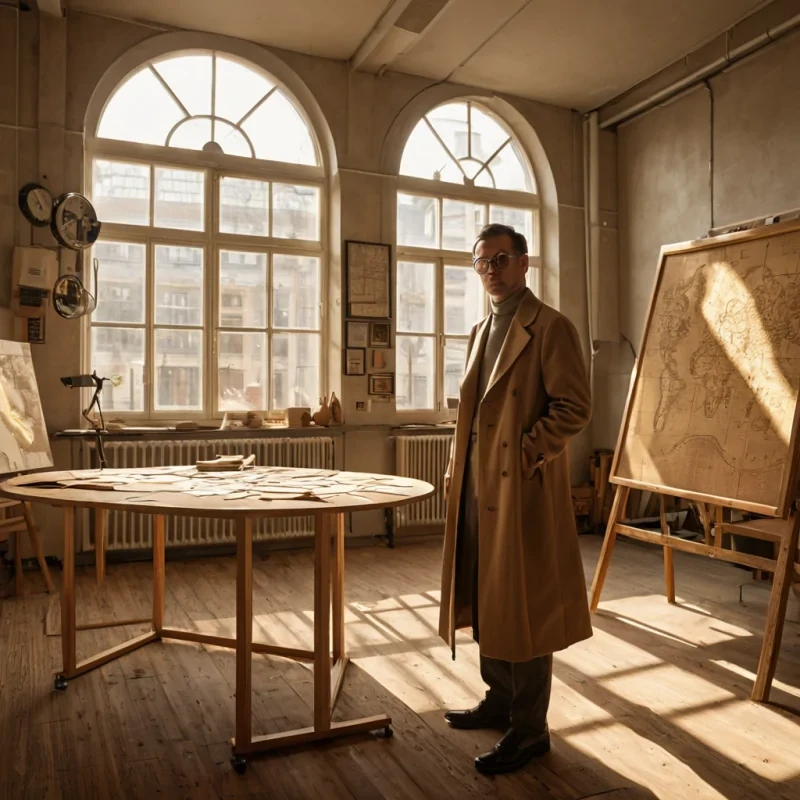 A photorealistic, eyelevel medium shot of a quiet, sunlit workshop interior where the walls are clad in warm, textured cork panels and the floor is made of polished, light oak wood. In the center, a large, round drafting table holds an intricate, threedimensional map of a fictional city constructed entirely from layered sheets of translucent, ambertinted resin, each layer embedded with fine, goldleaf circuits that glow faintly. Standing beside the table is a tailorlike figure wearing a structured, highcollared coat made of stiff, pleated parchment paper in shades of beige and cream, holding a pair of oversized, silver spectacles with thick, geometric frames. The room is filled with soft, diffused natural light streaming through