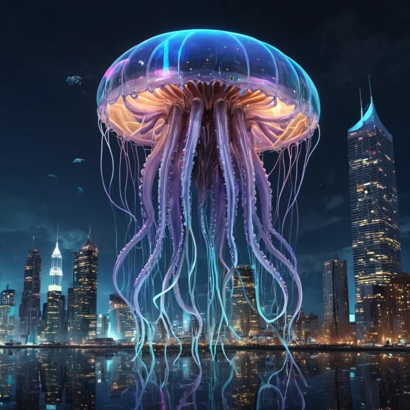 A colossal, ancient, mechanical squid, its metallic tentacles pulsating with ethereal, neon light, descends from a stormy, indigo sky, leaving a trail of iridescent, otherworldly contrails. Below, a labyrinthine, neonlit cityscape sprawls, its towering, glass spires reflecting the squids ethereal glow. Suspended within its transparent, bioluminescent mantle, a holographic, sentient, mechanical swarm of jellyfish dances, casting ephemeral shadows on the citys sentient, robotic inhabitants. Rendered in ultra HD, with dynamic lighting, atmospheric effects, and vibrant colors, evoking a sense of awe and