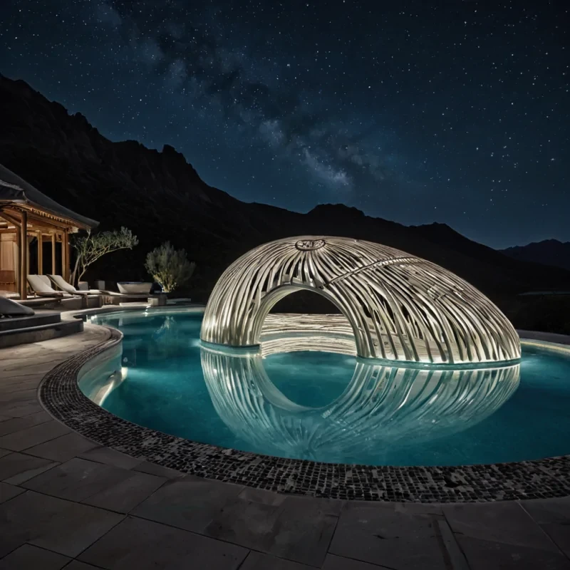 A photorealistic, wideangle shot of a serene, highaltitude plateau paved with smooth, pale limestone tiles, where a massive, circular hot spring filled with milky turquoise water serves as a natural mirror reflecting the deep indigo night sky and a sprawling ring of distant, illuminated mountain peaks. Emerging from the center of the pool is a towering, intricate lattice structure made of woven, glowing white bamboo strips, forming a spiraling, organic shape that resembles a stylized nautilus shell or a blooming flower, with soft, diffused light emanating from within the weave. Surrounding the pool are low, minimalist benches carved from dark, polished basalt, upon which sit several small, ceramic incense holders emitting thin, vertical streams of