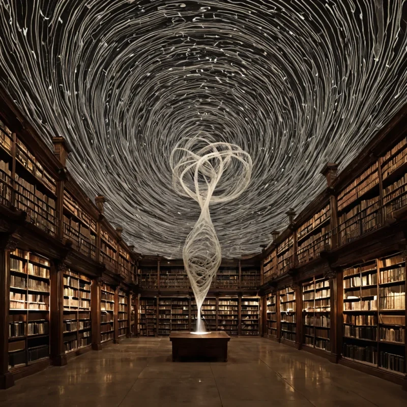 A single, selfrotating knot of solidified wind hangs suspended in the center of a vast, inverted library built from the hollowedout spine of a dormant volcano, its pages not paper but woven from the compressed thermal residue of whispered stories told in the language of forgotten constellations. The knot does not spinit unspins, each rotation reversing the dispersion of a narrative that never existed, projecting backward into the air not words, but the faint, ghostly outlines of a sentence written in the frequency of a breath held too long in a room that never was. The librarys shelves are not woodthey are layered sheets of petrified soundwaves, each etched with the chromatic afterimage of a lullaby sung in