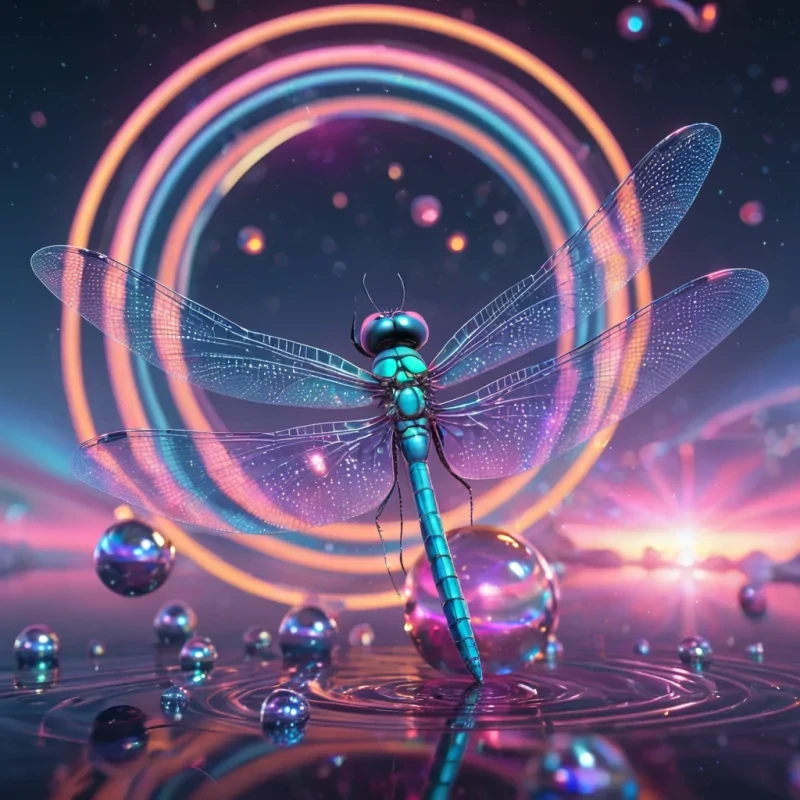 Hyperrealistic neon dragonfly with iridescent wings, gracefully navigating through a floating, geometric spiral of reflective, swirling pastel spheres, dynamic lighting with volumetric beams, soft focus on its delicate, luminescent body, vibrant colors, 4K resolution, lens flare dancing around its ethereal form in a surreal, futuristic sky sanctuary.