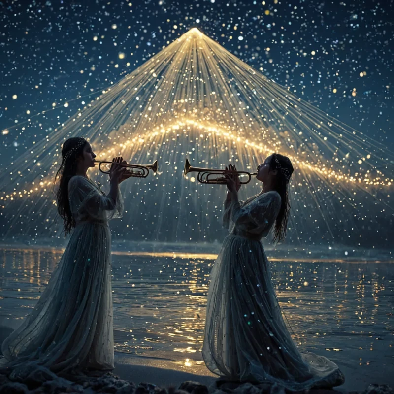 A psalmody of softly glowing pipers, their luminous bodies woven of delicate threads that shimmer in moonlit rain. Each pipers beak, dusted with tiny golden sparks, croons faint, ethereal melodies that resonate through the air. In the background, a colossal, crystalline gazebelike structure looms beneath a vast, starspeckled sky. The gentle hum of their songs melds with the rhythm of the sea, whose deep blue ripples mirror celestial reflections. The atmosphere is filled with cascading bokeh lights and soft lens flares, while volumetric beams of moonlight dance through the goulish abundance of gumdrops and pasteltoned confections that float lazily on crystal flutes.