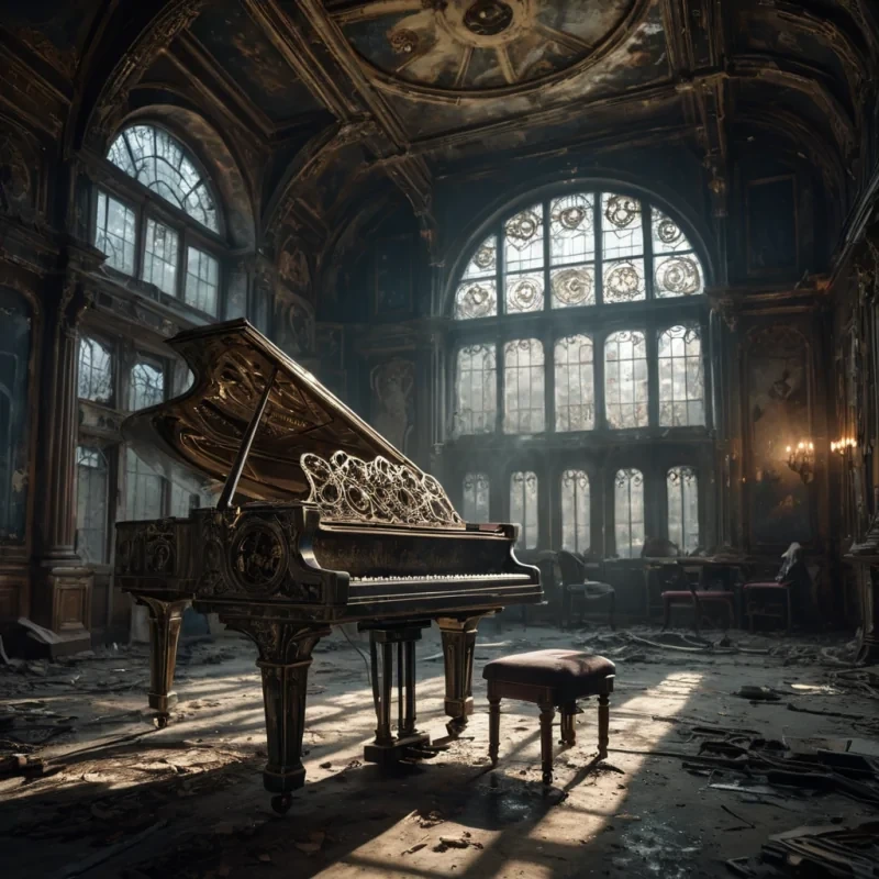 A hyperrealistic, 4K portrait of a melancholic, sentient automaton playing a haunting melody on a grand piano in an abandoned, moonlit concert hall, its metallic gears visible through its glass body, surrounded by decaying velvet seats and a vaulted ceiling adorned with intricate, faded frescoes, with cinematic lighting casting dramatic shadows on its intricate, steampunkinspired design, and a subtle, cool bokeh effect creating a sense of isolation and longing.