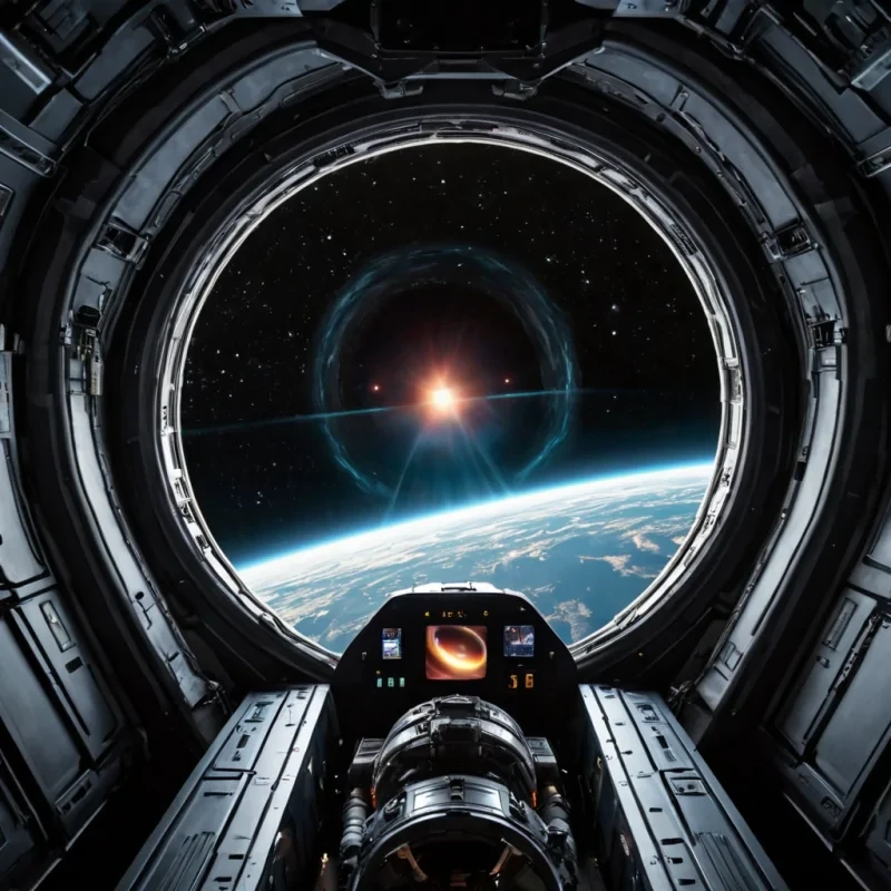 looking forward from the inside of a spaceship approaching a blackhole.