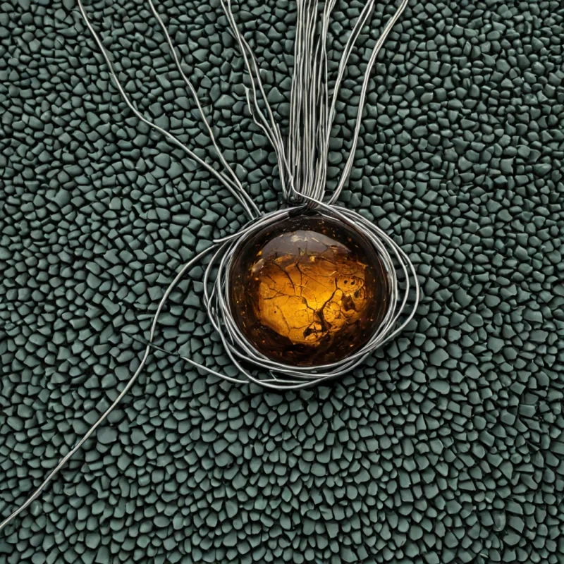 A highangle, extreme closeup macro shot of a seamless, curved surface composed of millions of tiny, overlapping scales made of matte, coolgrey clay, resembling the skin of a sleeping leviathan. Embedded within the clay texture are thin, rigid wires of polished silver that pulse with a soft, rhythmic emerald green bioluminescence, creating a circuitlike pattern across the organic surface. In the center of the frame, a single, perfect sphere of clear, viscous amber sap hangs suspended from one of the silver wires, defying gravity. Inside the sphere, a miniature, intricate landscape of jagged, black obsidian spires rises from a pool of liquid starlight. The lighting is cool and clinical, emphasizing the tactile texture