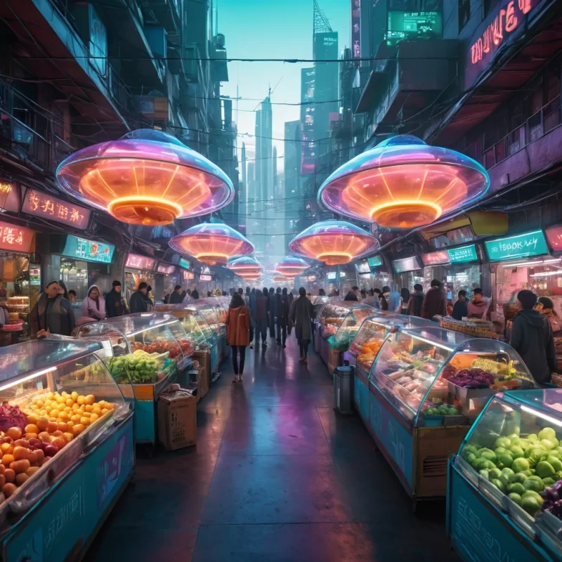 A futuristic, levitating market bustles above a neonlit city, vendors in holographic stalls selling levitating, iridescent produce, while customers ride translucent, discshaped transports, hyperrealistic, ultra HD, cinematic lighting, volumetric lighting, atmospheric effects, dynamic lighting, bokeh effect, soft focus, vibrant colors, detailed textures.