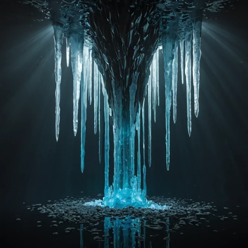 A vertical, symmetrical composition of a towering, inverted waterfall cascading upwards from a deep, obsidian abyss into a sky filled with floating, hexagonal islands of solidified liquid crystal. The water is not blue but a vibrant, metallic silver that reflects the soft, ambient glow of large, bioluminescent kelp forests hanging from the underside of the crystal islands. In the center of the upward flow, a solitary, sleek vessel made of brushed brass and clear acrylic glides vertically against the current, its hull embedded with pulsating nodes of warm amber light. The surrounding air is filled with suspended, geometric shards of ice that catch the light, creating a prism effect of soft violets and teals. The lighting is dramatic and high