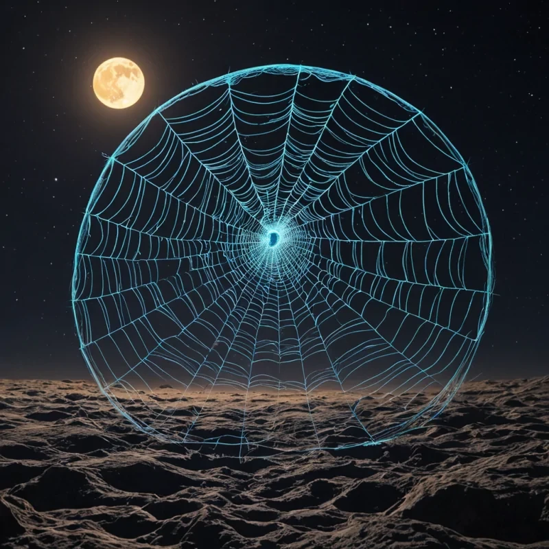 A single, colossal, bioluminescent spiderweb spans the entire surface of a planetsized, hollow moon, its threads not silk but solidified dreams from a civilization that never woke up. Each strand pulses with a slow, rhythmic light, not from electricity, but from the collective, synchronized REM cycles of a billion dreamers who sleep in perfect unison across the void, their subconscious minds weaving the web in real time. The web does not trapit releases, each intersection a node of pure, unfiltered imagination, radiating outward in concentric waves of color that rewrite the laws of physics in the surrounding space. The moon itself is not rockit is a frozen moment of a stars final breath, its surface etched with the