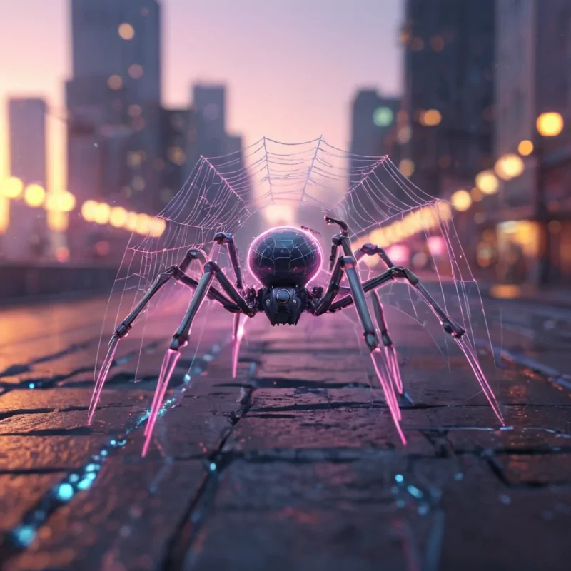 A lone, robotic spider weaving a luminescent web across a sprawling, neondrenched metropolis at dawn, hyperrealistic, 4K, cinematic lighting, volumetric lighting, atmospheric effects, dynamic lighting, bokeh effect, soft focus, lens flare, pastel tones, detailed textures.