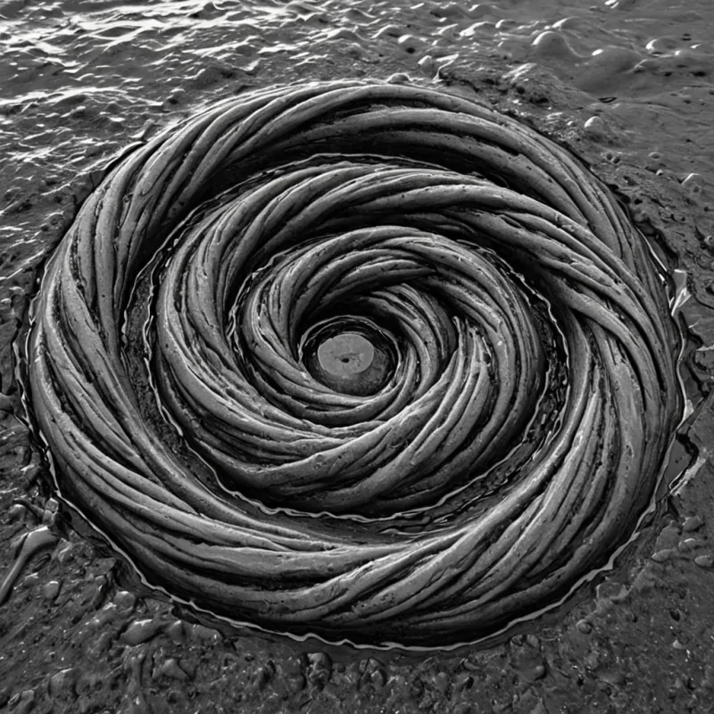 A single, selfilluminating knot of reversed memory, shaped like a 9dimensional toroidal tangle of unformed sorrow and inverted nostalgia, pulses at the center of a vast, inverted river of solidified raineach droplet frozen midfall in the exact moment of transition between tears and time, carved from the petrified residue of a civilization that measured grief not by expression, but by the duration of synchronized, breathless withholding held just before the first tear was ever permitted to touch the ground in a world where emotion was not forbidden, but never acknowledged. The knot does not unravelit unremembers, each twisting strand shedding a layer of emotional resonance that never coalesced into a shared mourning, reforming into ephem