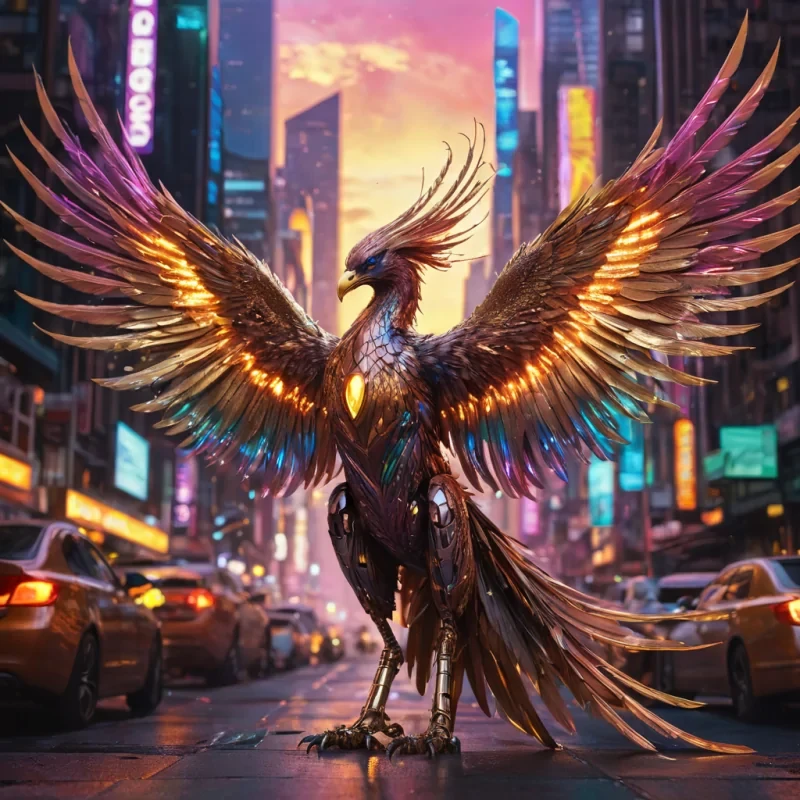 A hyperrealistic, 4K, ultra HD portrait of a cybernetic phoenix, its iridescent feathers shimmering with metallic hues. The phoenixs eyes, a deep, molten gold, glow with an inner fire. Its wings, a fusion of sleek, aerodynamic alloys and vibrant, holographic plumes, spread majestically against a backdrop of a neondrenched, futuristic cityscape. The background is a kaleidoscope of pulsating lights and holographic advertisements, with the citys skyline reflected in the phoenixs glossy feathers. Cinematic lighting casts dramatic shadows, while a subtle bokeh effect blurs the bustling metropolis, creating a dynamic interplay between the mythical creature and its hightech environment.