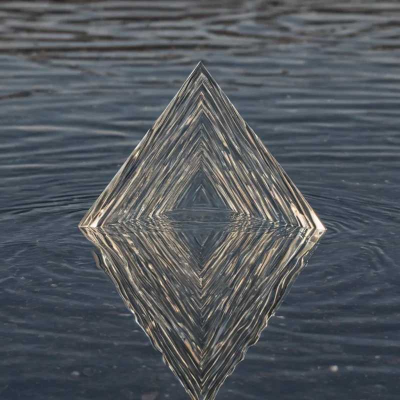 A single, selfreflecting prism of inverted silence, shaped like a 197dimensional lattice of unformed stillness and reversed quiet, hovers at the center of a vast, inverted mirrorlake of solidified reflectioneach ripple frozen middistortion in the exact moment between a gaze cast and its refusal to return, a shadow formed and its sudden collapse into pure void, a surface touched and its silent retraction into glass. The prism does not refractit unrefracts, each shimmering facet shedding a layer of optical potential that never coalesced into a shared image, reforming into ephemeral, amethystveined afterimages shaped like the negative space between two eyes that never met in the dark,