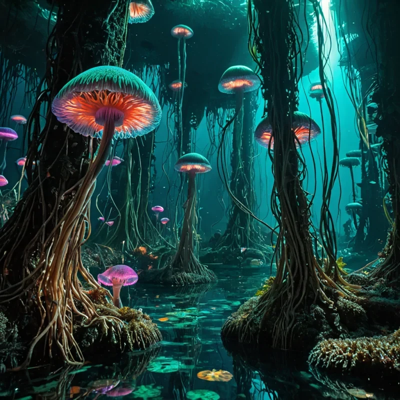 A photorealistic, eyelevel medium shot of a dense, bioluminescent fungal forest where the towering structures are not trees but massive, translucent stalks of giant sea anemones rising from a shallow, crystalclear tide pool. The anemone stalks are hollowed out and serve as vertical habitats for small, floating pods made of iridescent abalone shell, which drift gently within the waterfilled bases. The water itself is a deep, saturated teal, reflecting the vibrant neon pink and electric orange tentacles that sway in slow motion. Above, a dense canopy of broad, waxy leaves in varying shades of emerald green blocks most of the sky, allowing only shafts of soft, golden afternoon sunlight to pierce through