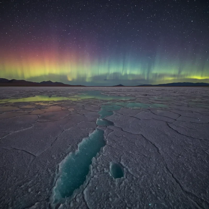 A single, floating archipelago of crystalline salt flats and petrified rainbows drifts in a sky of inverted auroras, each island not land but a solidified moment of collective awefrozen in the exact second a crowd gasped at a meteor shower that never happened. The islands are not connected by bridges, but by taut, glowing threads of compressed wonder, humming with the frequency of a shared silence after a joke that was never told. The salt flats are not whitethey shimmer in the spectrum of forgotten emotions, each grain etched with the faint, ghostly script of a compliment whispered into the wind. Above, the auroras do not dancethey spiral inward like a wound healing backward, their colors not from plasma