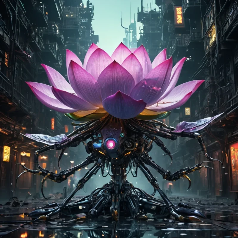 A colossal, ancient, mechanical lotus, its metallic petals unfurling to reveal a labyrinthine, neonlit city within, blooms from the heart of a vast, undulating, obsidian plain. Suspended within the lotus stamen, a holographic, sentient, mechanical swarm of dragonflies dances, casting ephemeral shadows on the citys inhabitants sentient, robotic, reptilian creatures. Rendered in ultra HD, with volumetric lighting, atmospheric effects, and vibrant colors, evoking a sense of surreal, otherworldly wonder.